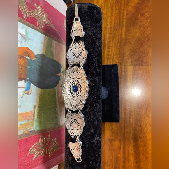 Vintage Art Nouveau Czech (Austrian?) Cobalt Blue Glass Stone Filigree Bracelet - Picture 2 of 10